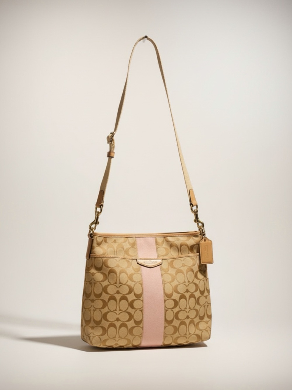 Coach Beige Signature Canvas Crossbody with Pink Center Stripe